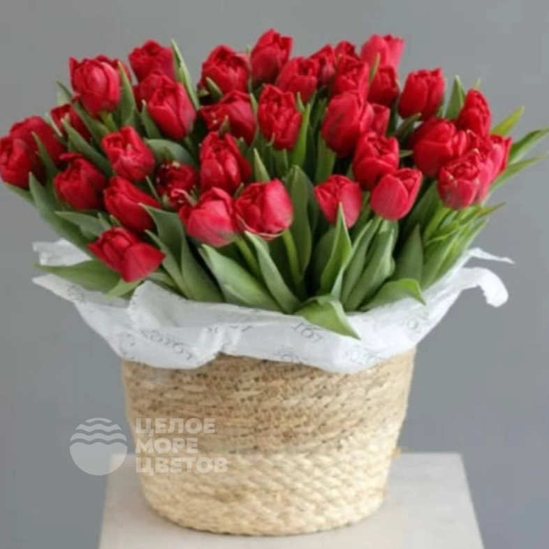 Корзина с красными тюльпанами 35 шт