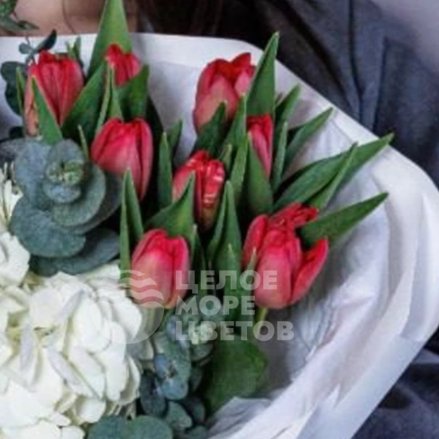 Букет из гортензий с тюльпанами &laquo;Сердечный аккорд&raquo;