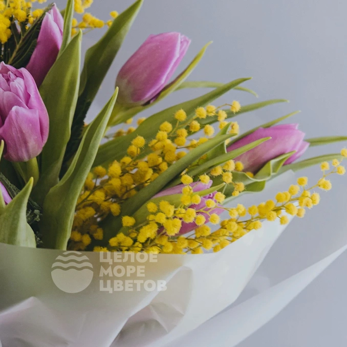 Букет с 7 тюльпанами и мимозой 